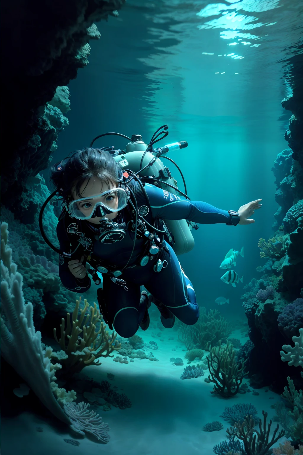 a professional diver exploring underwater, wearing a diving suit and carrying diving equipment, surrounded by colorful coral and marine life
Stable Diffusion: (best quality,4k,8k,highres,masterpiece:1.2),ultra-detailed,(realistic,photorealistic,photo-realistic:1.37),underwater photography,stunning marine,professional diver,diving suit,diving gear,colorful coral,marine life,vivid colors,underwater exploration,clear water,marine environment,aquatic adventure
