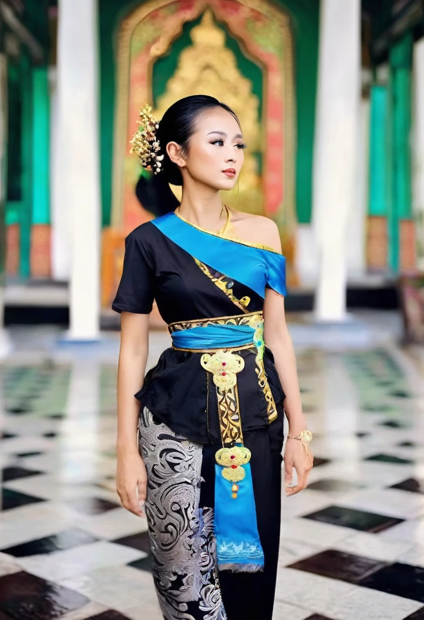 created an airbrushed image of a beautiful ancient Javanese native Indonesian woman, long hair tied with a long blue ribbon, wearing a traditional flowing half-breasted kemben with green motifs and a white batik motif jarik cloth typical of the Jogyakarta palace and a unique gold and intricate leather belt, ancient sandals with straps up to her knees, unique wide gold necklace, she is confident, full view, digital art, background is a luxurious temple courtyard area with bokeh effect, full length single 4k hdr image