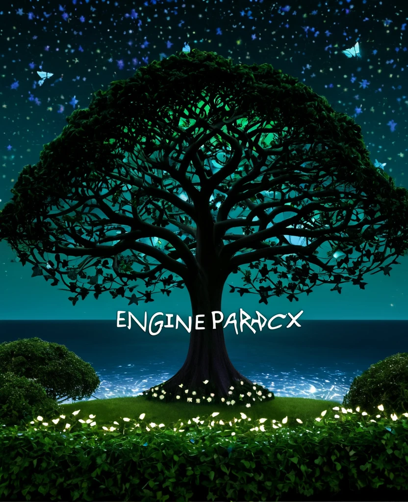 A realistic garden in the night with butterfly's and stars, with dark and majestic ocean in the garden, a giant and dark green tree, in the front with the phrase engine paradoxx