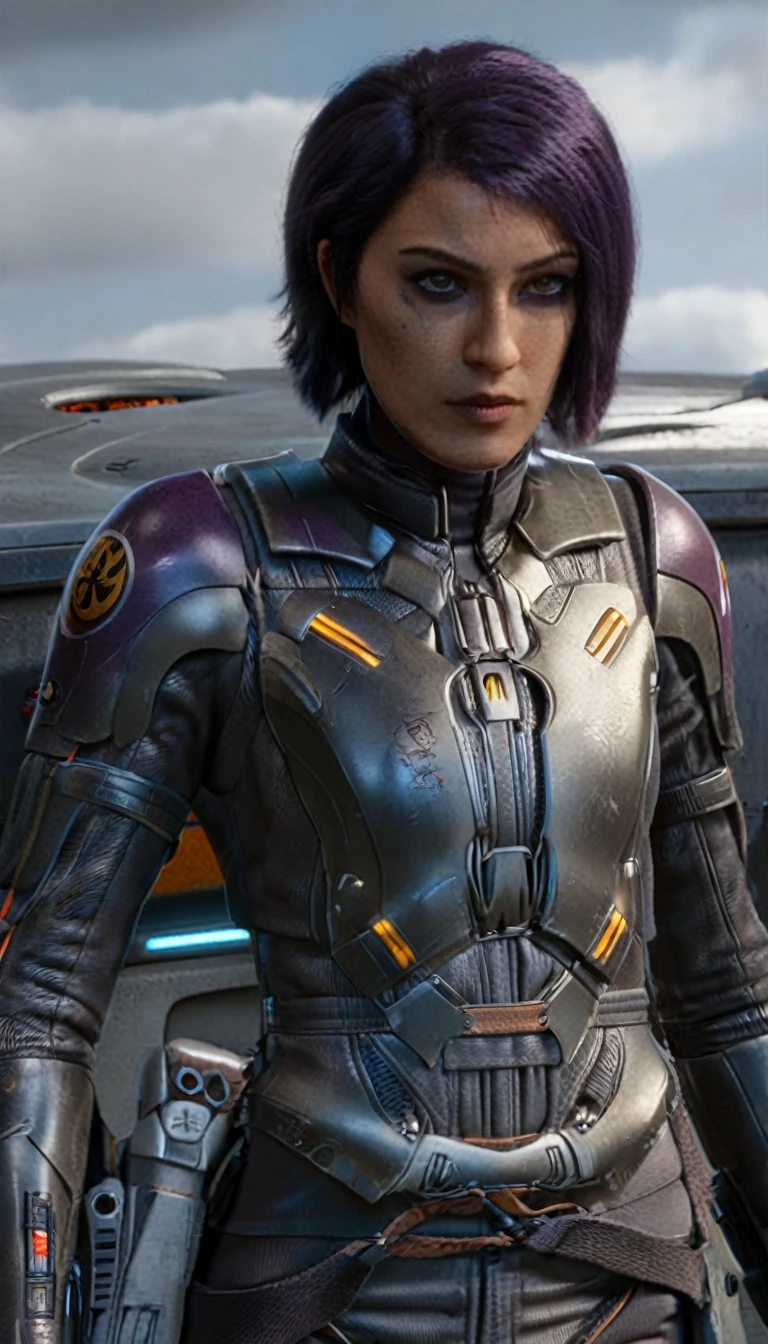 professional 3d model Cinematic scene, sabine wren, SILVER armor (HUGE BREASTS), Ghost in the Shell, detailed background, masterpiece, best quality, high quality, highres, absurdres . octane render, highly detailed, volumetric, dramatic lighting
