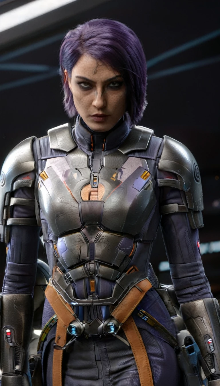 professional 3d model Cinematic scene, sabine wren, SILVER armor (HUGE BREASTS), Ghost in the Shell, detailed background, masterpiece, best quality, high quality, highres, absurdres . octane render, highly detailed, volumetric, dramatic lighting
