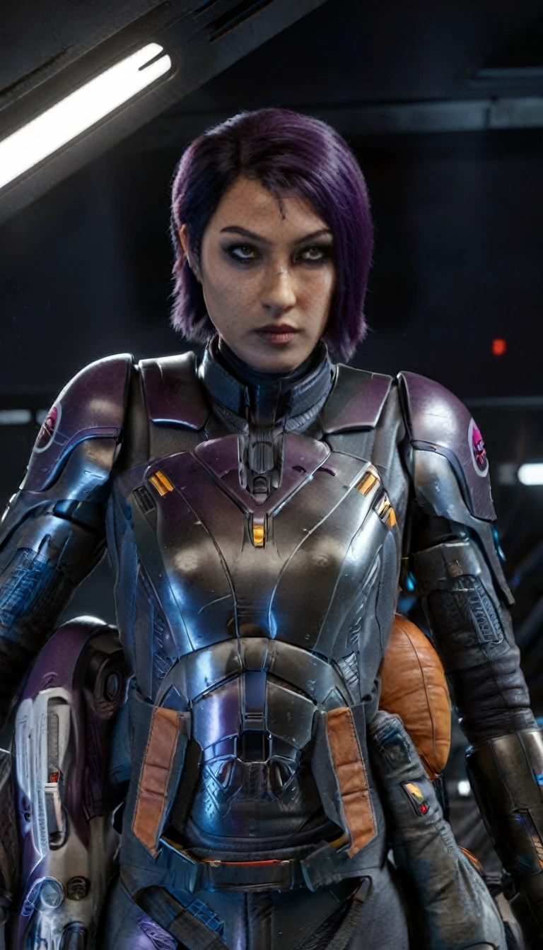 professional 3d model Cinematic scene, sabine wren, SILVER armor (HUGE BREASTS), Ghost in the Shell, detailed background, masterpiece, best quality, high quality, highres, absurdres . octane render, highly detailed, volumetric, dramatic lighting
