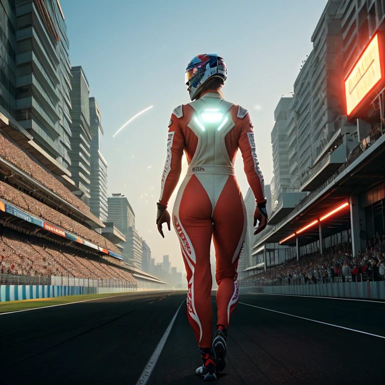 Masterpiece, highest quality, rear angle, Highly detailed photo of a (female race driver wearing red Ferrar race suit, helmet, with tinted face shield, HANS Device, accentuated booty), athletic body, big ass, [wide hips], (walking an watching all auidence on the race track) (race track:1.1), (race track), lush vibrant foliage, (one moon in the sky:0.8), (hyperdetailed, intricately detailed), background by Jessica Rossier, (sci-fi), during the day, (lens flare:0.5), (bloom:0.6), particle effects, (cinematic lighting:1.1), sharp shadows, ambient light, [bioluminescente], raytracing, photographed on a Fujifilm X-S10 Mirrorless Camera, 25mm F2.8 ultra-wide-angle lens, sharp focus, Cinestill 800T, still frame from Rush 2013, 8k, HDR, from behind