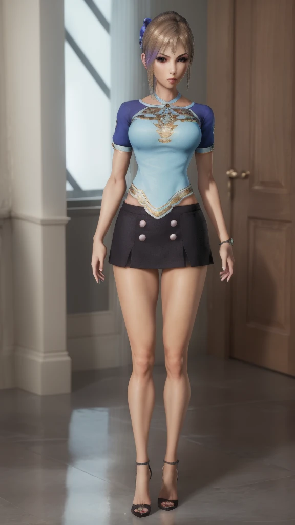 Close-up of woman in short skirt and blue top, Elegant Posture, royal Elegant Posture, Very detailed, The whole body is rich in detail, 8k Octave Rendering Photo, Imperial posture, Realistic anime girl rendering, The charming Jill Valentine, return, Play Style：Square Enix, Elegant posture, Realistic shadows perfect figure, Realistic perfect body，Visible throughout the body，Perfect legs，High heel