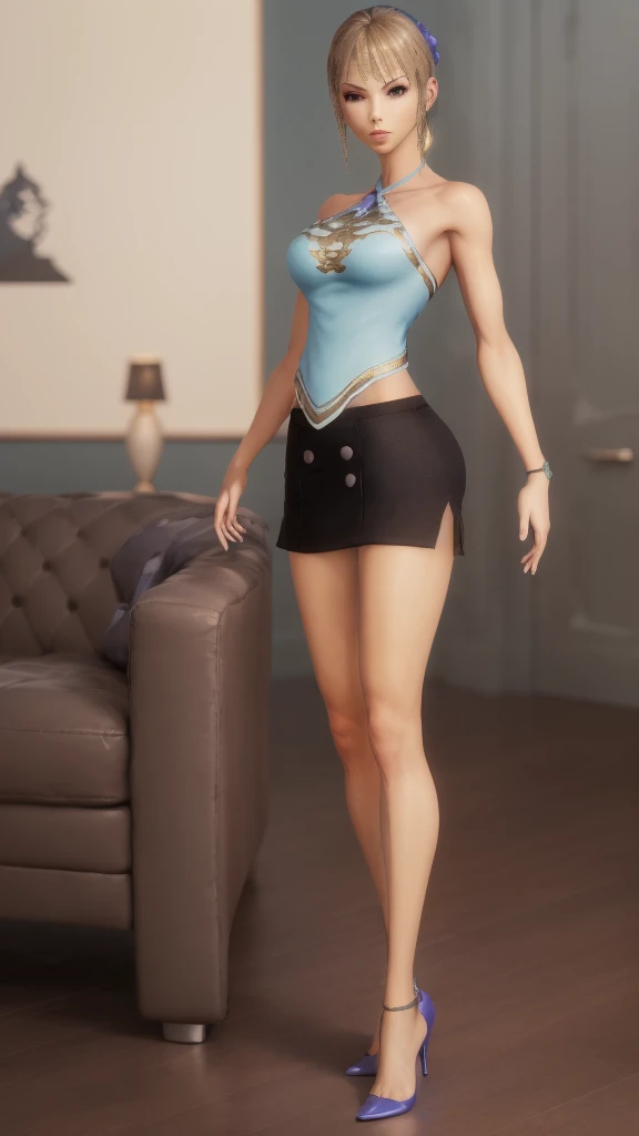 Close-up of woman in short skirt and blue top, Elegant Posture, royal Elegant Posture, Very detailed, The whole body is rich in detail, 8k Octave Rendering Photo, Imperial posture, Realistic anime girl rendering, The charming Jill Valentine, return, Play Style：Square Enix, Elegant posture, Realistic shadows perfect figure, Realistic perfect body，Visible throughout the body，Perfect legs，High heel