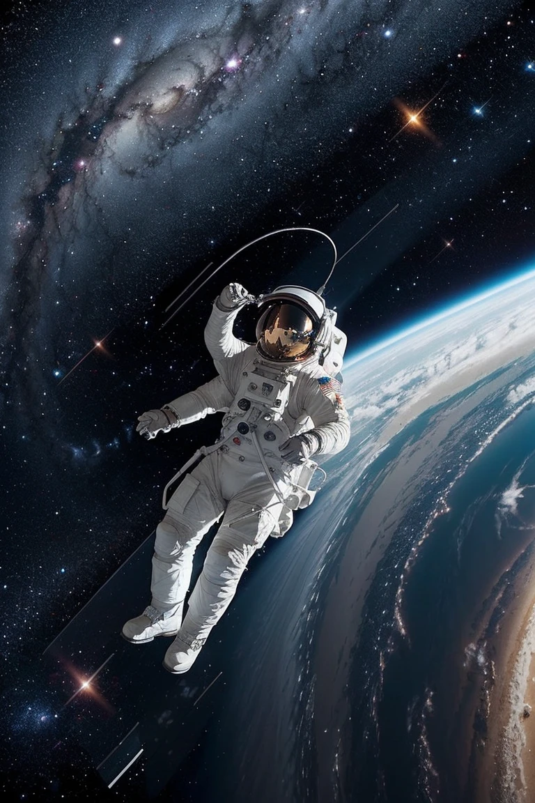 Image of an astronaut performing a spacewalk。A galaxy spiral spreads in the background.、star々is shining。Astronauts use jetpacks to travel outside the spacecraft.、流れstarが一瞬の光を放っている。