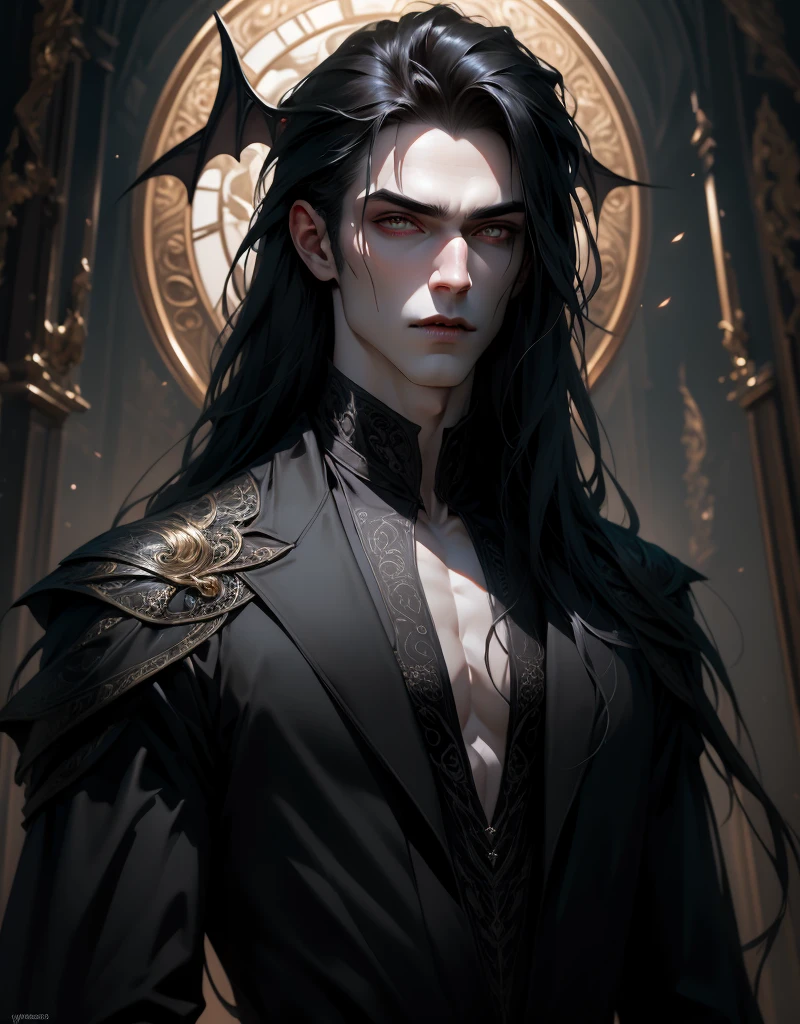 {anatomy}(Masterpiece - Ultra-detailed, very high resolution) Prepare to be enchanted by a true masterpiece that combines ultra-detailed art with high-resolution rendering. This work portrays a vampire man with long black hair (1.3) and captivating golden eyes (1.2), emanating an aura of mystery in decadent settings. The intricate details and realistic textures invite you to explore every aspect of this enchanting composition. Vampire man wearing black. Serious expressions. Pale skin like a vampire. Mask