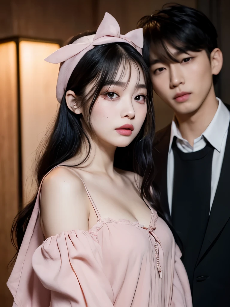Kim Jennie with dark black hair, with curlers at the ends of dark black hair, with a star clip in her dark black hair, light colored eyes, pretty eyes, crying eyes, pretty, upturned nose, Pretty lips, pink lips, heart and cupid shaped lip, pretty skin, pale, White skin, with moles and freckles all over his face, soft pink blush on the cheeks, natural pink blush, dark and gothic makeup, Gothic Jennie, while she is with a cute boy by her side, with a cute asian boy standing next to her, while there is a man's torso, while the man'His hand is on his jaw.., beautiful man's hands, with a gothic boy, nice collars, marked collar, frown, angry look, with a kiss necklace, a pretty kiss necklace, while her nipples are noticeable (big breasts, soft breasts, nice breasts, natural breasts), with a white dress, short and transparent dress, with a white dress transparente muy sexy, lingerie style, low-cut dress, visible on the nipple, with a boy by his side, with her boyfriend, looking to the camera, autophoto