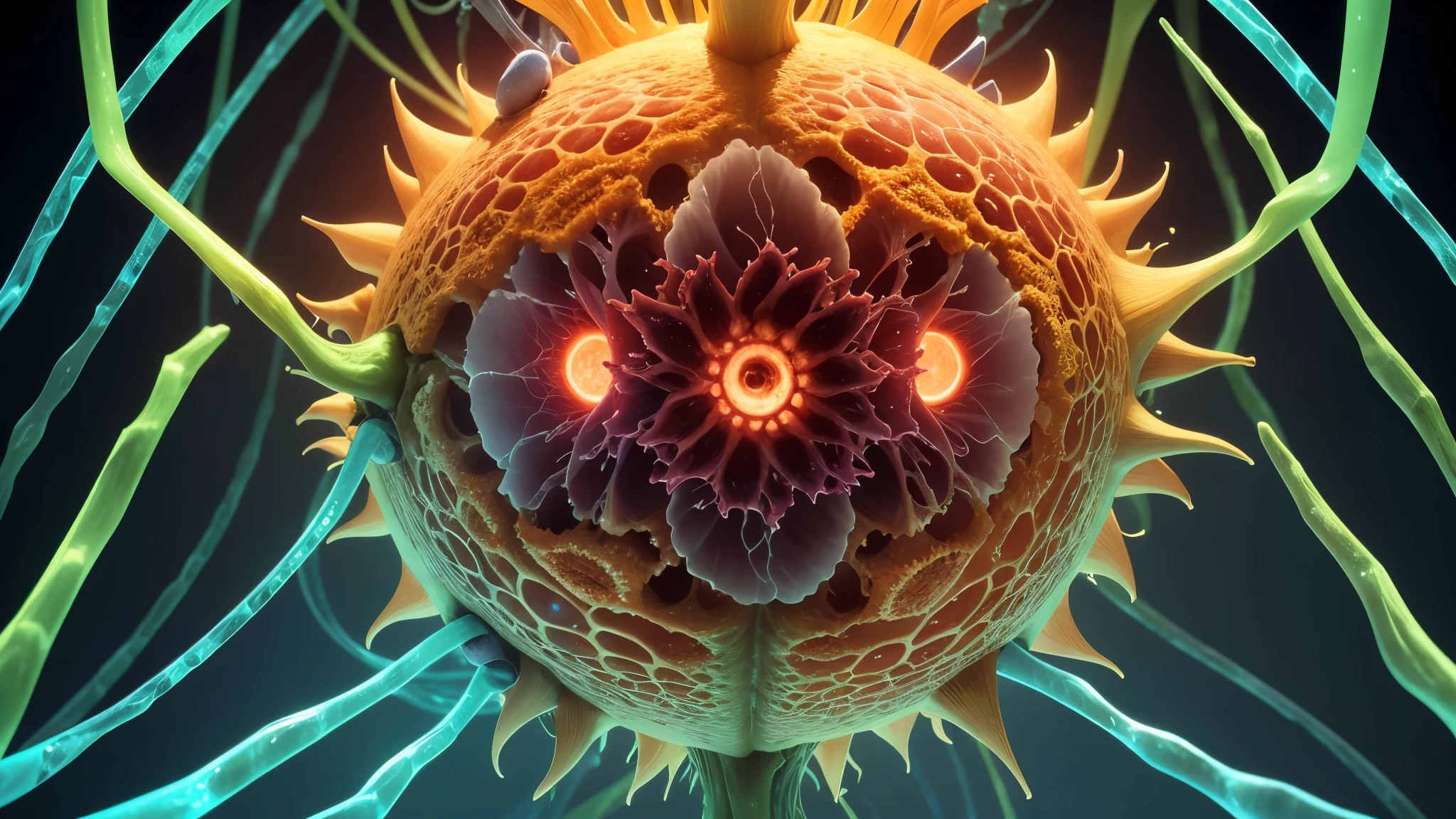 Create a detailed 4K image of a virus. The virus must be represented microscopically, showing its complex structure and details such as the viral capsule, surface proteins and genetic material. Use vibrant, contrasting colors to highlight different parts of the virus. The image must convey a sense of molecular biology and pathogenicity, capturing the complexity and intricate structure of the virus in an accurate and scientifically relevant way.