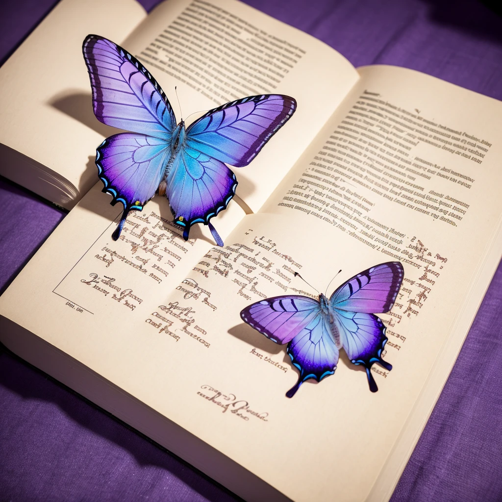 ((a purple and blue butterfly)), ((on top of a book with notes)), ((in a low-light environment)).