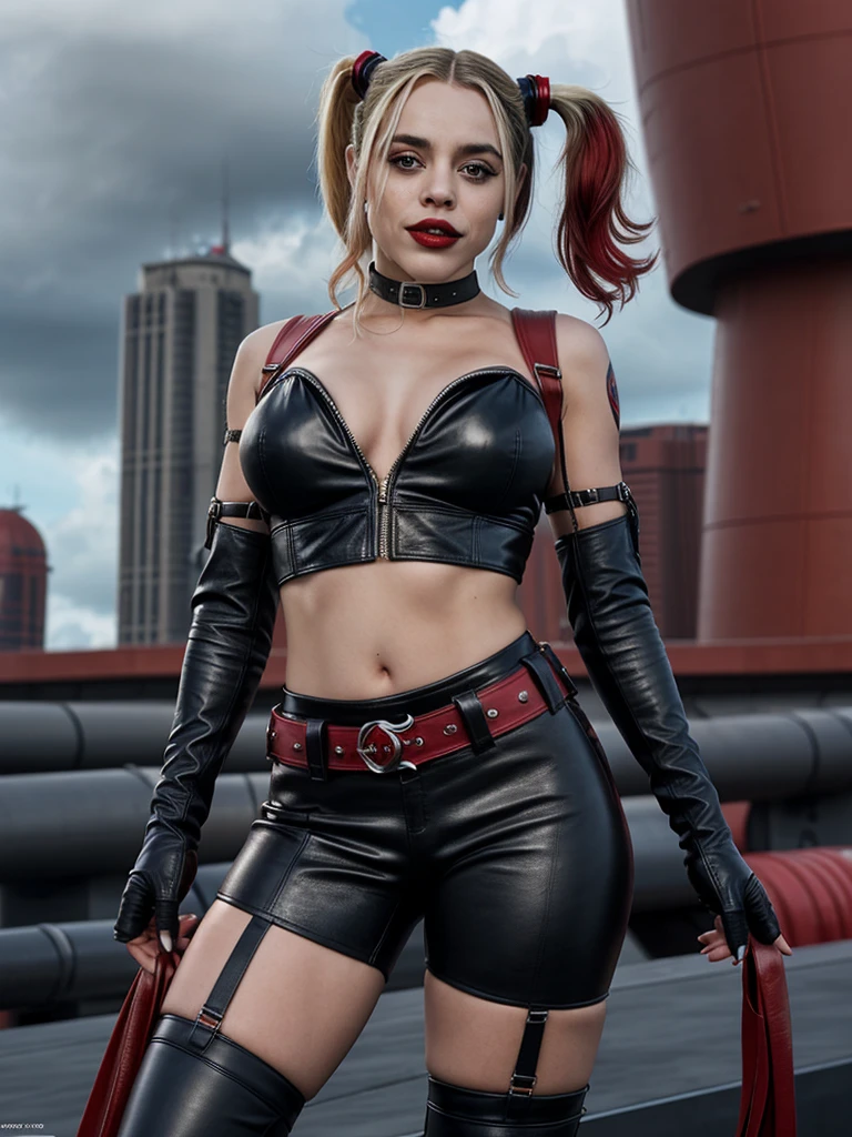 photorealistic, full body shot, close up, miss Harley Quinn in leather outfit, provocative, rebellious, background cloud city