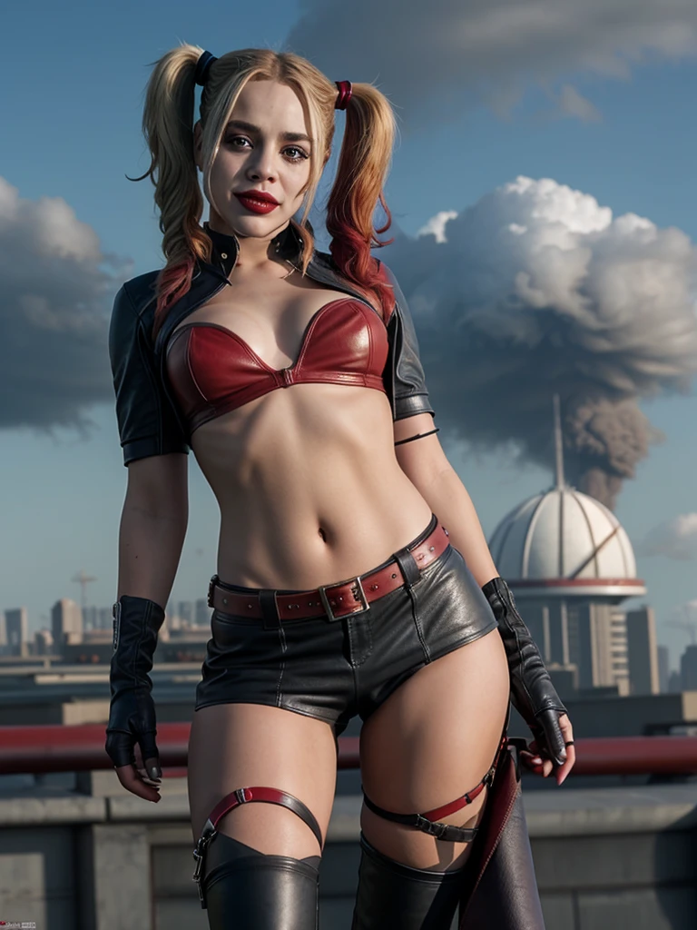 photorealistic, full body shot, close up, miss Harley Quinn in leather outfit, provocative, rebellious, background cloud city