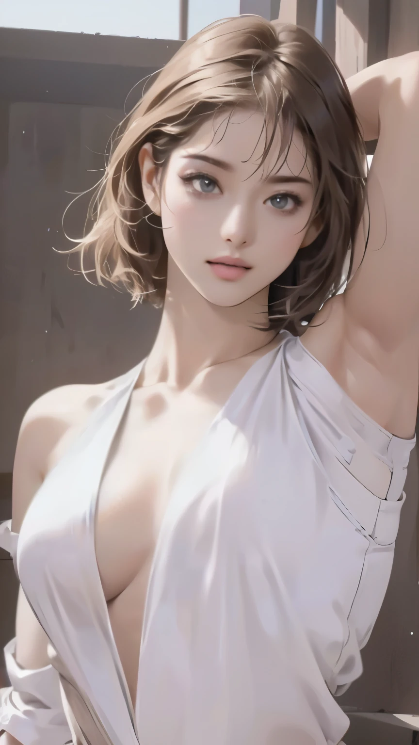 (In 8K、RAW shooting、Highest quality、Masseter region:1.2)、Super detailed、Ultra-high resolution、(Realistic、Realistic photos:1.37)、Portraiture、High-resolution RAW color photos、Professional photography、hVery detailed and beautiful、Very detailed、8K Image Wallpapers、Incredibly detailed、Large file size、Official Art、HVery detailed CG Unity 8K wallpapers、hVery detailed beautiful girl、Very detailed顔、Very detailed目、Very detailed皮膚、Very detailed指、hVery detailed nose、Very detailed口、Perfect Anatomy、Detailed Background、Detailed clothing、1 Girl、(20:1.2)、20th generation、cute、Realistic body、、White skin、Glowing Skin、the body is slim、Black-haired、((Very short hair))、(Well-groomed bangs: 1.5)、((Firm B cup breasts))、((Exposed breasts))、((Black Lingerie))、((Full nudity))、((Small and beautiful pink areola))、((Place your arms behind your head))、((Full Body Shot))、((upright posture))、