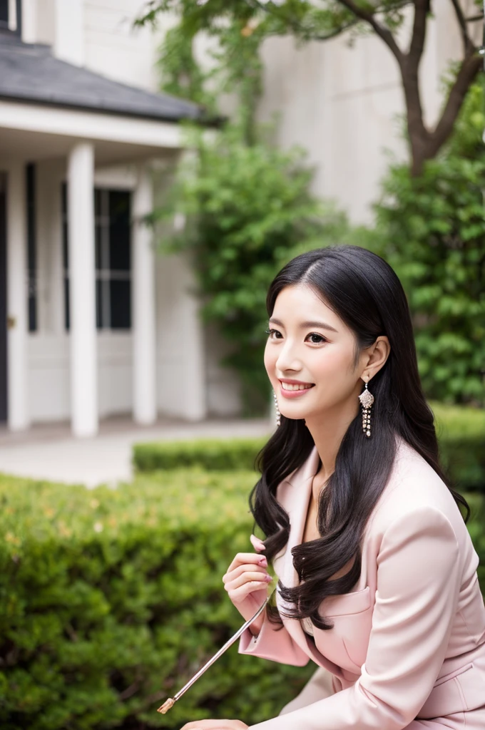 Wedding venue garden,President of import goods sales company,((full body)),((photo)),((best qualtiy, 8K, tmasterpiece:1.3)), Focus:1.2, perfect figure beautiful woman:1.4,1woman,cowboy shot,look at viewer,incredibly absurd, beautiful and cute woman with a photorealistic face, showcasing top-quality craftsmanship, A Japanese woman attending her sister's wedding at a wedding venue, 35 years old, long hair, straight black hair, shiny, silky hair that curls inwards, narrow double eyelids, long eyelashes, pronounced eyebrows, high nose, thin lips, white teeth, bright smile, smooth, honey-colored skin, thin neck, tall, glamorous, slender, F-cup breasts, pale pink suit, knee-length pencil skirt, high heels, diamond earrings and necklace, luxury brand watch, clutch bag, cigar, beautiful, lady-like, pretty older sister, celebrity-like, adult woman, intelligent, calm, kind, playful, sharp-tongued, soothing to those around, refined, elegant, June