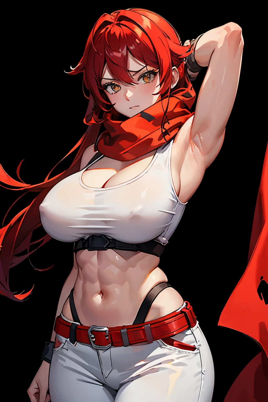 girl wearing a white tank top and jeans pants, red hair, ninja band, badass looking, big breast, muscular, wearing a red scarf