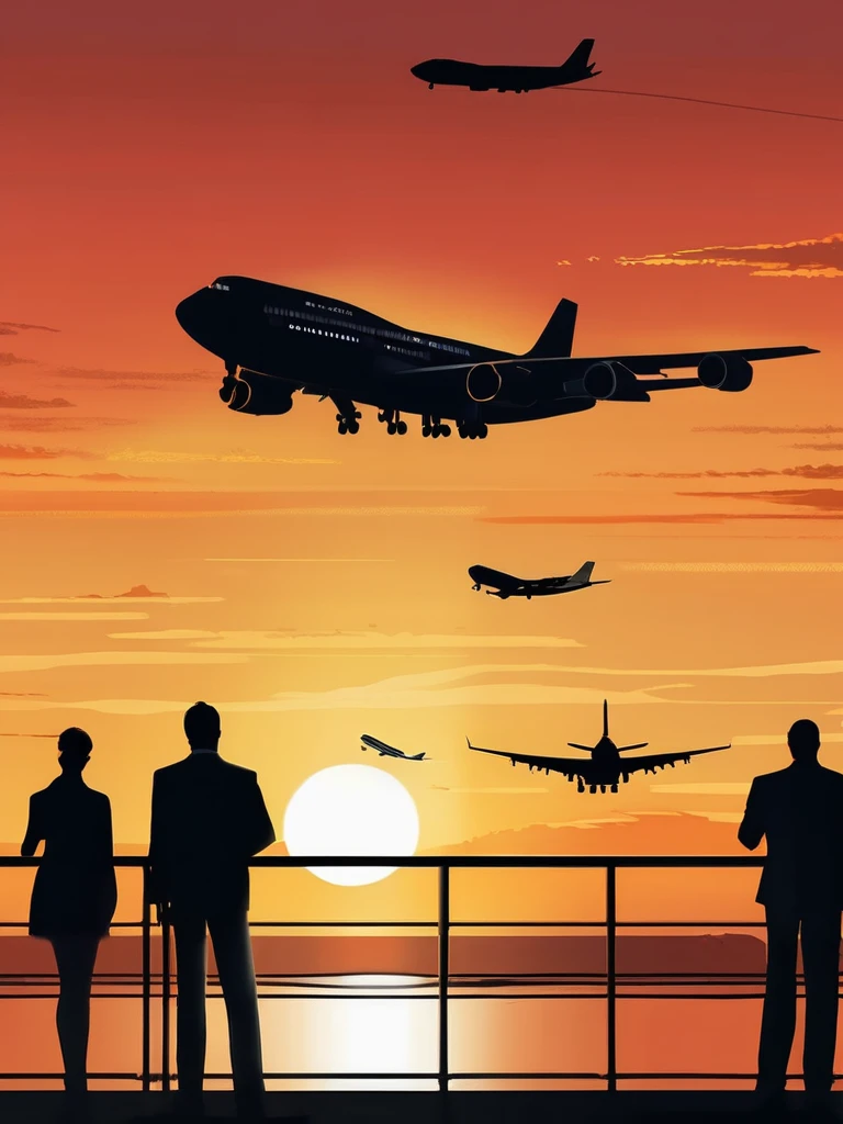 cinerealism, cinematic visuals, storytelling, dramatic lighting, fascinating composition, exciting mood, movie style, illustration inspired by friday's roadshow opening, location, big, at the venue, ship passing by, big sunset over horizon, very big sunset, passenger plane passing in front of sunset, silhouette of passenger plane, airliners, B-747, sunset dyed background, very beautifully dyed background