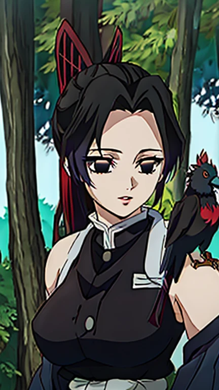 (Superior quality, 8k, high resolution, Masterpiece: 1.2), Animated art style, 1 girl, Perfect face, Perfect eyes, soft and serious expression, medium breasts, black hair, well divided bangs, Natural Lips, wide, hair tied in a high ponytail with a red bow, Straight hair, black eyes, geisha style red eye shadow ((demon slayer clothes, In the woods, with a crow on his shoulder,)), viewer appreciation,