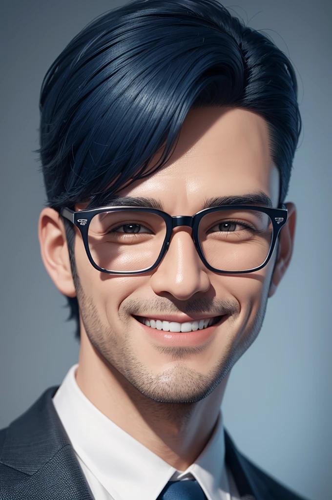 Create a 3d illustration of a Moreno man character, Grinning, he has short dark blue hair, with glasses
