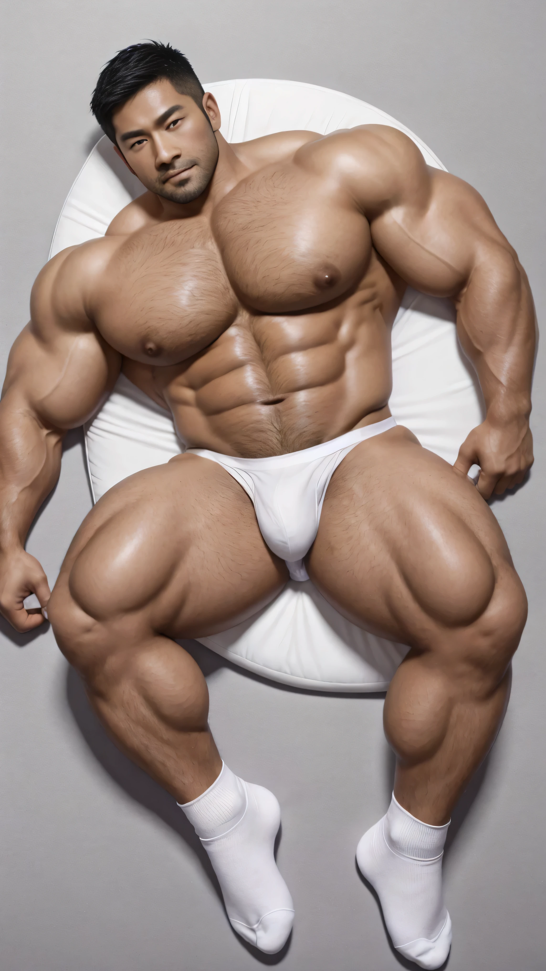 There is only one handsome Asian actor in the photo,35 years old,High target, Fitness,short hair, O-Shaped Beard,Perfect body, Dark skin color,Radiant Skin,Smooth skin,Shiny, shiny skin,Smooth pectoral muscles,No chest hair,No body hair,Muscle bulge, muscular, Very large pectoral muscles,Very y abdominal muscles,Very well-developed leg muscles,Huge concave and convex area,Brightens oily skin,Wear a transparent thong,Handsome face, Correct and accurate male body proportions, Wear white socks,Lying on gray background。