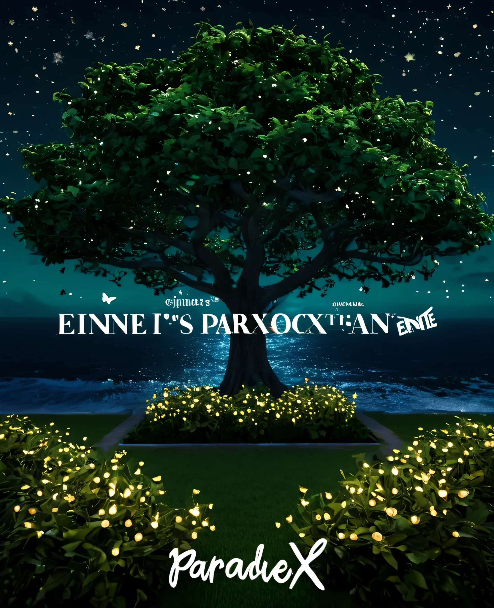 A realistic garden in the night with butterfly's and stars, with dark and majestic ocean in the garden, a giant and dark green tree, in the front with the phrase engine paradoxx