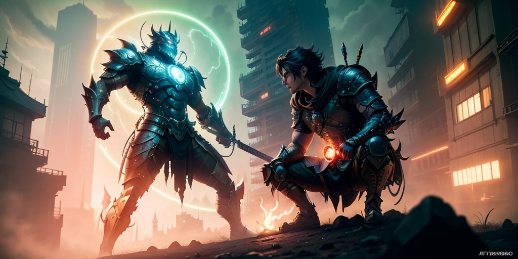 Ancient anime style, artbook, comicbook, RPG, futuristic medieval.  Warrior in dragon rat armor, with human face with glowing magic tattoos, red neon details, with technological medieval armor with glowing magic marks, full body, sword with long handle with glowing magic marks.  Epic scene, wide and deep scenery, with several depth planes, stylish and dynamic pose.  In the middle of a retro atompunk magical metropolis, mixing technology and vegetation, buildings with neon details and glowing magical vegetation, technological magical airships with glowing details in the sky.