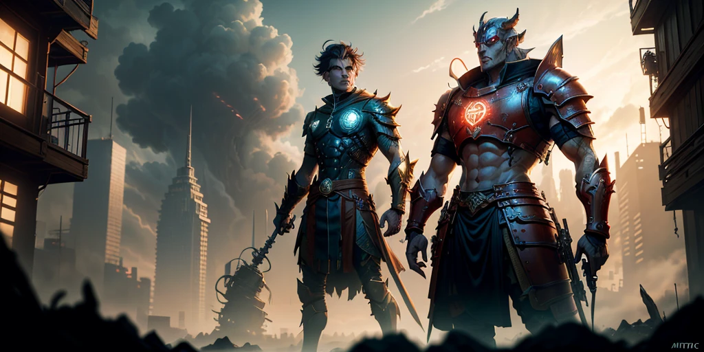 Ancient anime style, artbook, comicbook, RPG, futuristic medieval.  Warrior in dragon rat armor, with human face with glowing magic tattoos, red neon details, with technological medieval armor with glowing magic marks, full body, sword with long handle with glowing magic marks.  Epic scene, wide and deep scenery, with several depth planes, stylish and dynamic pose.  In the middle of a retro atompunk magical metropolis, mixing technology and vegetation, buildings with neon details and glowing magical vegetation, technological magical airships with glowing details in the sky.