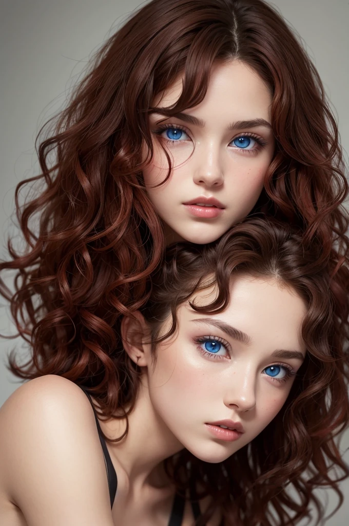 A brunette character with curly hair with red highlights from blue eyes