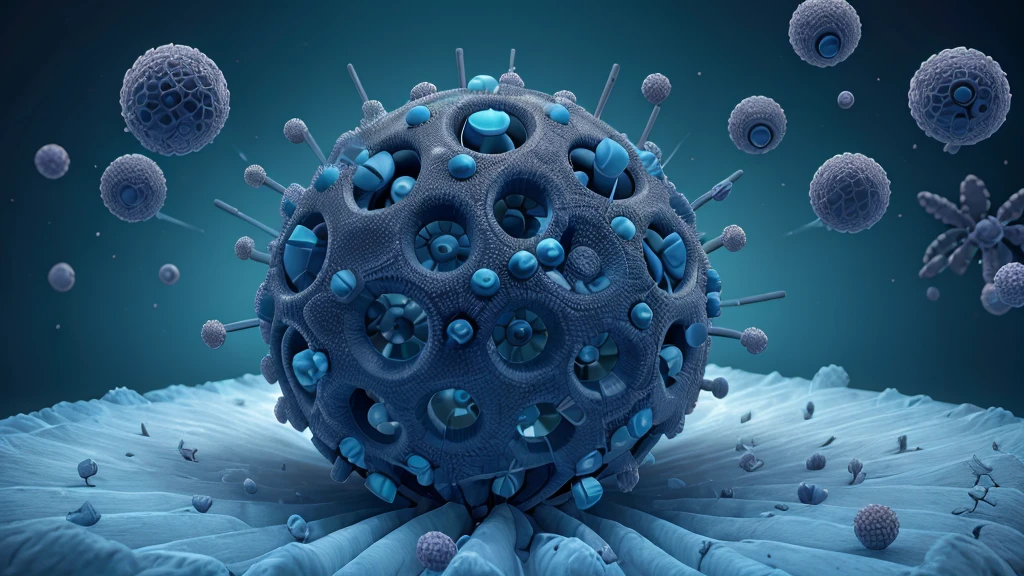 Create a detailed 4K image of a virus. The virus must be represented microscopically, showing its complex structure and details such as the viral capsule, surface proteins and genetic material. Use vibrant, contrasting colors to highlight different parts of the virus. The image must convey a sense of molecular biology and pathogenicity, capturing the complexity and intricate structure of the virus in an accurate and scientifically relevant way.