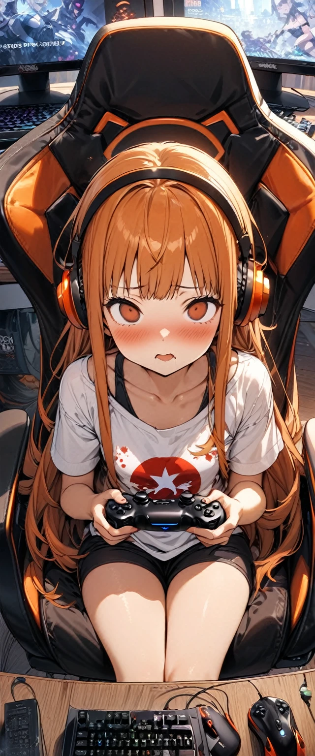 (masterpiece), (highest quality), (illustration), (super detailed), (high resolution), absurdity,1girl,solo,sakura futaba, persona, orange headphones,gaming chair,computer keyboard,desk,game controller,holding game controller,indoors,monitor,looking at screen,expressionless,mouth open,drool,empty eyes,mind control,hypnotized,blush,sitting