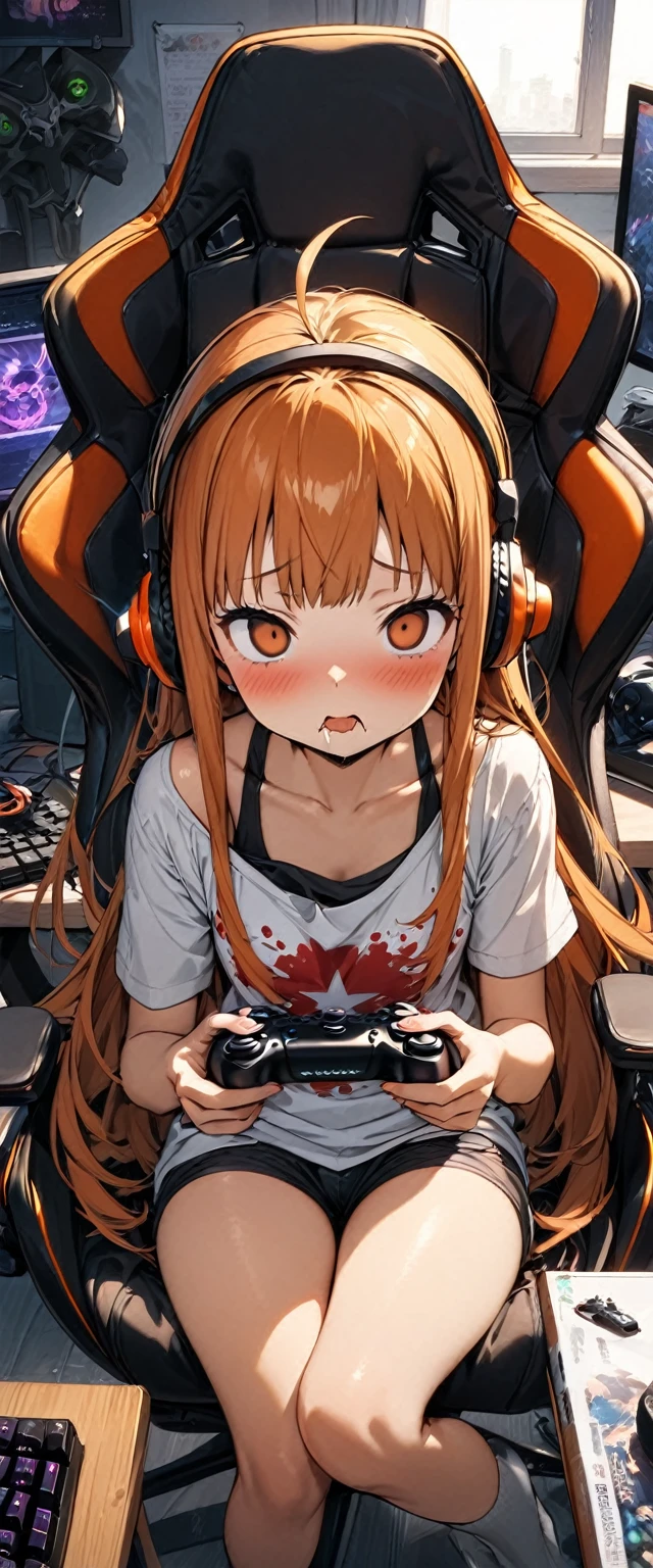 (masterpiece), (highest quality), (illustration), (super detailed), (high resolution), absurdity,1girl,solo,sakura futaba, persona, orange headphones,gaming chair,computer keyboard,desk,game controller,holding game controller,indoors,monitor,looking at screen,expressionless,mouth open,drool,empty eyes,mind control,hypnotized,blush,sitting