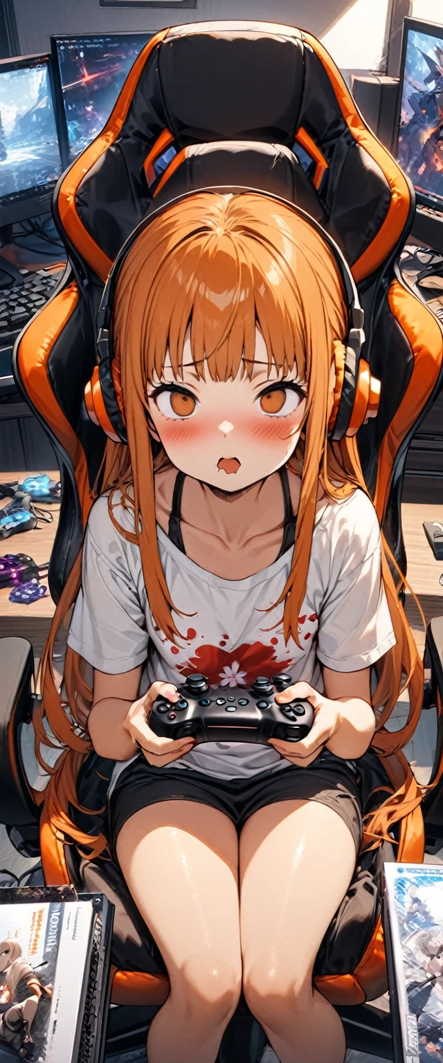 (masterpiece), (highest quality), (illustration), (super detailed), (high resolution), absurdity,1girl,solo,sakura futaba, persona, orange headphones,gaming chair,computer keyboard,desk,game controller,holding game controller,indoors,monitor,looking at screen,expressionless,mouth open,drool,empty eyes,mind control,hypnotized,blush,sitting