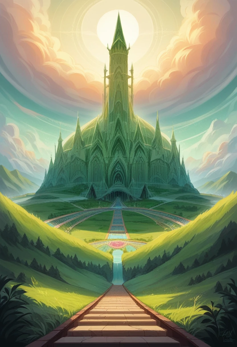 a lush fantasy landscape,top-down view,intricate medieval architecture,winding train tracks,rolling hills,dense forests,shimmering lakes,glittering rivers,towering mountains,dramatic lighting,vibrant colors,cinematic composition,highly detailed,photorealistic,masterpiece,8k,hyper detailed
