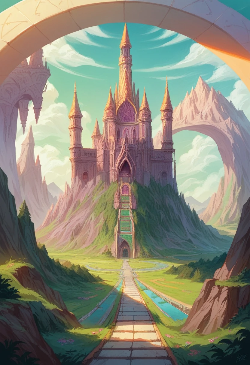 a lush fantasy landscape,top-down view,intricate medieval architecture,winding train tracks,rolling hills,dense forests,shimmering lakes,glittering rivers,towering mountains,dramatic lighting,vibrant colors,cinematic composition,highly detailed,photorealistic,masterpiece,8k,hyper detailed