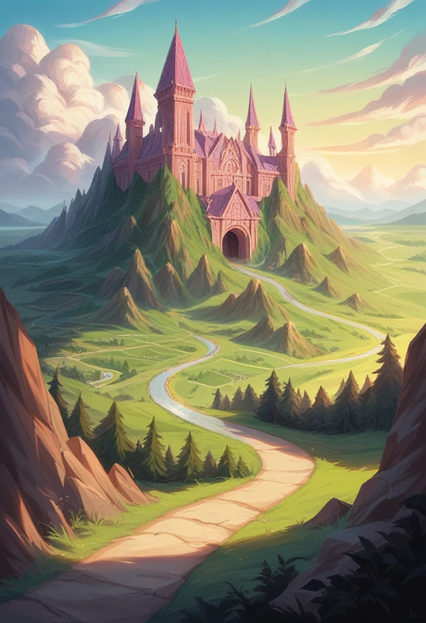 a lush fantasy landscape,top-down view,intricate medieval architecture,winding train tracks,rolling hills,dense forests,shimmering lakes,glittering rivers,towering mountains,dramatic lighting,vibrant colors,cinematic composition,highly detailed,photorealistic,masterpiece,8k,hyper detailed