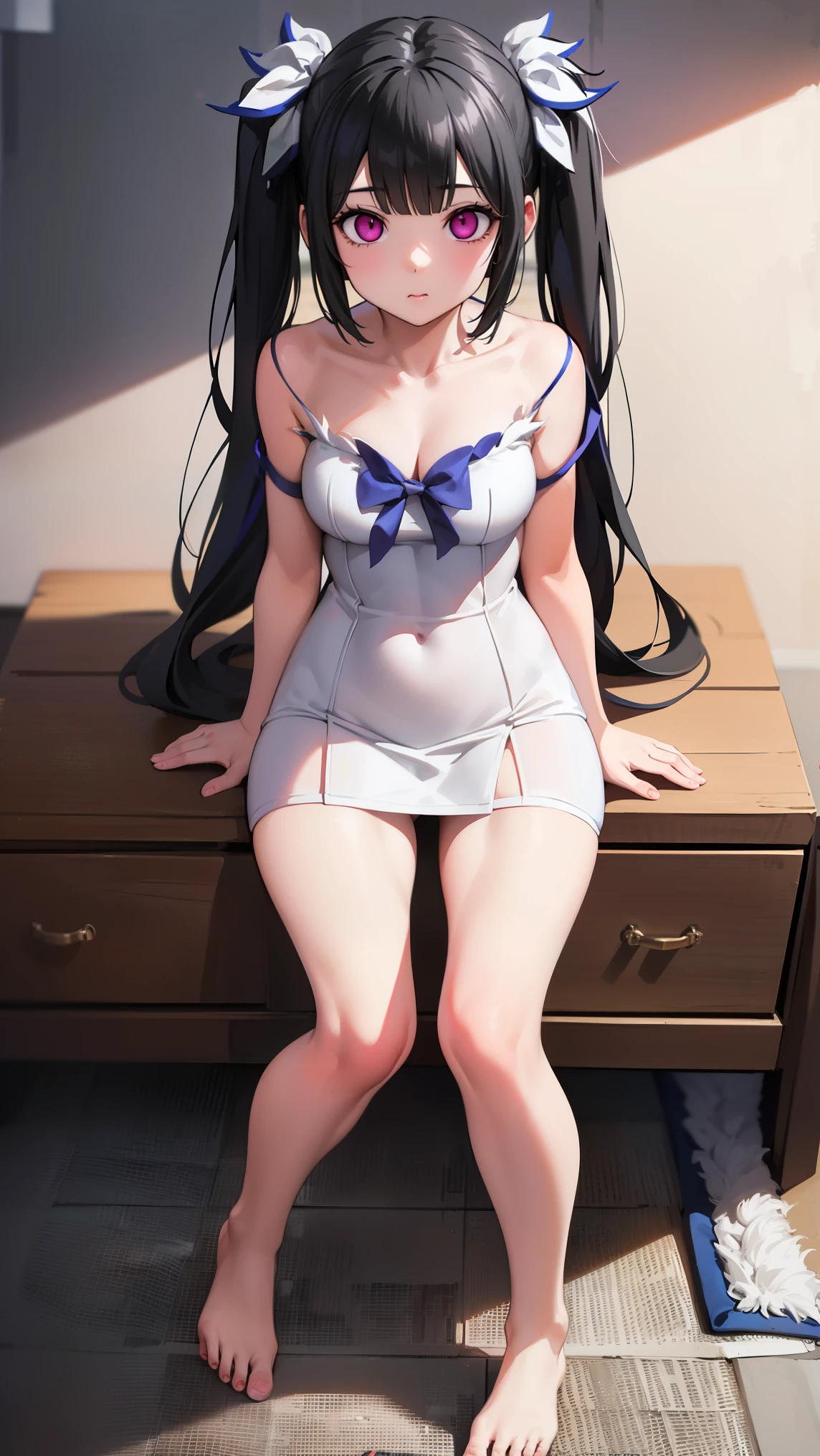 1 Girl,Browsing Caution, Brain W.M., ((stand up)), ((Evil costume)),danmachiHestia, Hestia, ,Black Hair, Twin tails,(((big 1.8))), clavicle, Glowing purple eyes,Absurd, brainwashing,Hollow Eyes, ((Expressionless, Emotional Removal)),avert your eyes , Full body portrait, ((indoor, Dark Factory)),night, (Highest quality、4K、8K、High resolution、Must have:1.2)、Very detailed、(reality、reality的なです、reality的な:1.37)、Ticker、Hyper HD、Studio Lighting、Ultra High Definition Paint、Sharp focus、Physically Based Rendering、Very detailedな、Professional specifications、Vibrancy and color、Blurred、Sports portrait、landscape、Horror Style、Anime Big 、sf、photograph、Concept Artist、Five Fingers, Perfect body, {{{masterpiece}}}, {{{Highest quality}}}, {{Very detailed}}, {shape}, {{Very delicate and beautiful}},Improved cost performance、All Roles、Canon 5D MK4でphotograph、photograph,