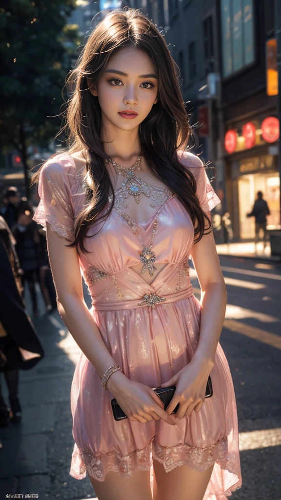 8K, UHD, MAsterpiece, best quality, 1 girl, (realistic face), happy pace, very long hair, small breasts, decorated dress, very beautiful ornaments dress, pink color, lace, mesh dress, sardine, loops, ipllers, depth of field, cinematic lighting, chromatic aberration, motion blur, glowing light, god rays, ray tracing, reflection light, front lighting, knee short, standing, Hand on hip, Frown