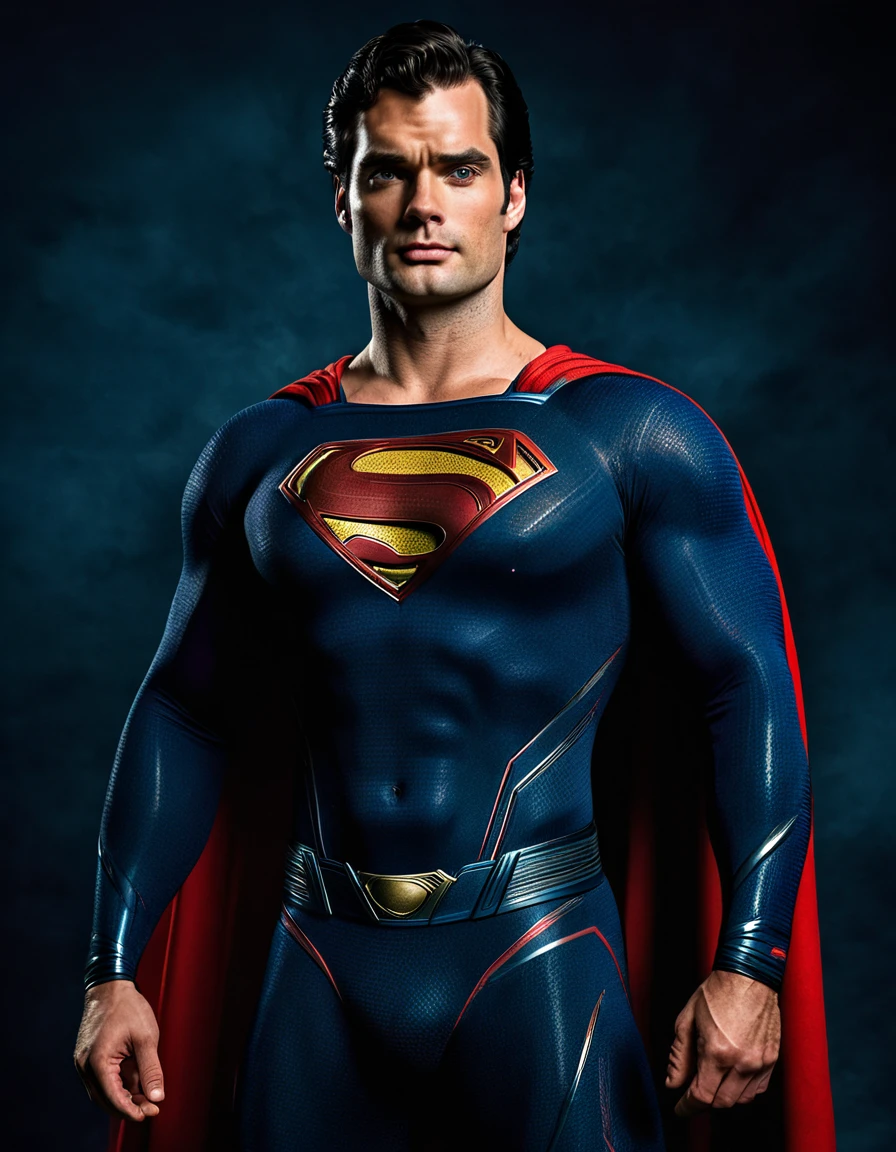 A realistic cinematic portrait of ((one superman)) only, a A realistic cinematic portrait of ((one superman)) only, a blend of Tom Welling + Henry Cavill as Superman, strong body, heroic pose, dark colors on uniform, against solid warm color background, front view, symmetry, full-body shot, cinematic shot, 24 fps, DHR, kodak portra utra, colorpop, white ethereal, og photo.