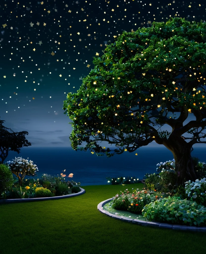A realistic garden in the night with butterfly's and stars, with dark and majestic ocean in the garden, a giant and dark green tree, majestic