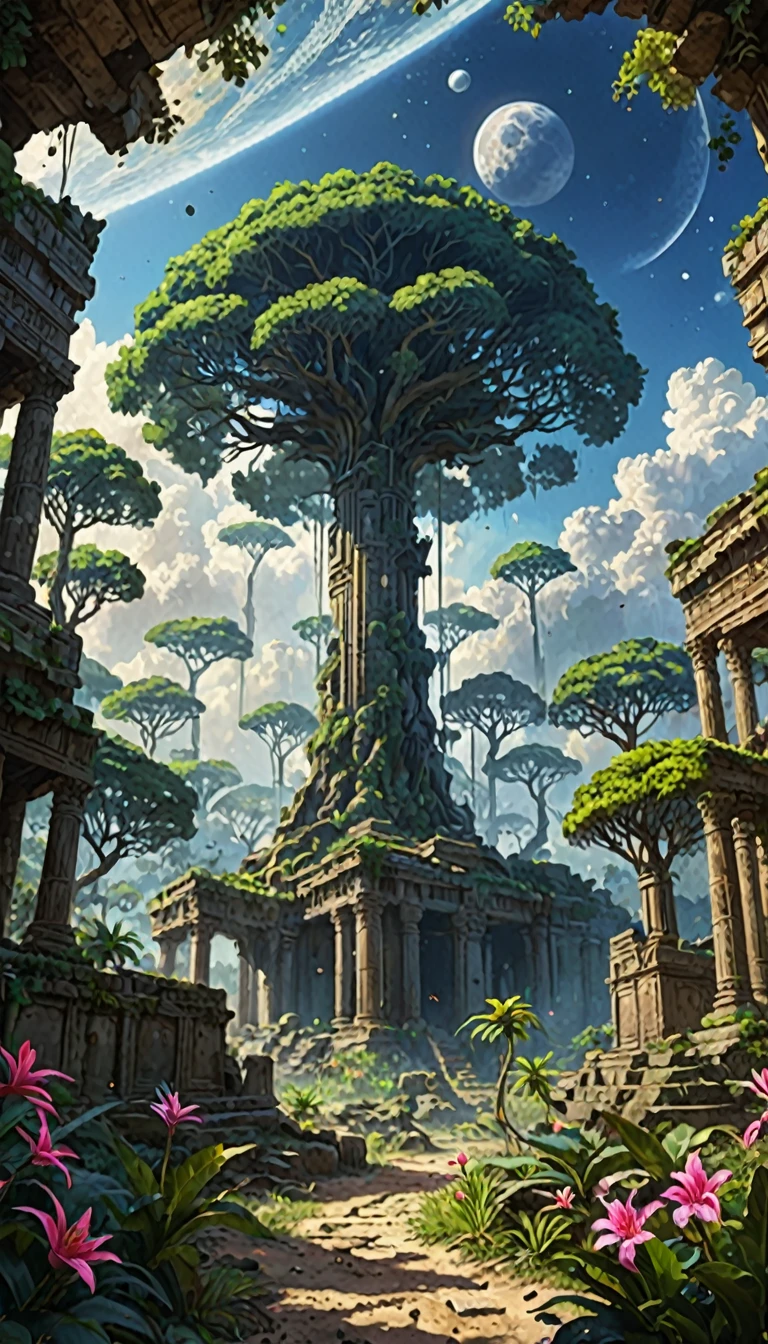 Concept Art,(masterpiece:0.3) Detailed,Bright natural light,Shadow,High Contrast,Alien tropical forest,Two big moons in the sky,Ruins of an ancient civilization,look (地球上にはない神話上のエイリアンのようなプランテーション flowerのような植物のネオンライト) Tree from the ground々and plants、flower々,View from below,Atmospheric dreamscape painting,dream scenery art,非常にDetailed幻想的な芸術,CGI style,Vivid oil painting,Splash Art,A heartwarming mystery,masterpiece 8k wallpapper,Tumor formation,Unreal Engine,Dramatic lighting,Overgrown,ink stain,Ink splash,Ink flows,Ink blotches,Faded ink,ral-dissolve,left,Sand 1,On parchment,