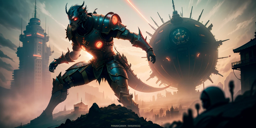 Ancient anime style, artbook, comicbook, RPG, futuristic medieval. Warrior in dragon rat armor, with human face with glowing magic tattoos, red neon details, with technological medieval armor with glowing magic marks, full body, sword with long handle with glowing magic marks. Epic scene, wide and deep scenery, with several depth planes, stylish and dynamic pose. In the middle of a retro atompunk magical metropolis, mixing technology and vegetation, buildings with neon details and glowing magical vegetation, technological magical airships with glowing details in the sky.