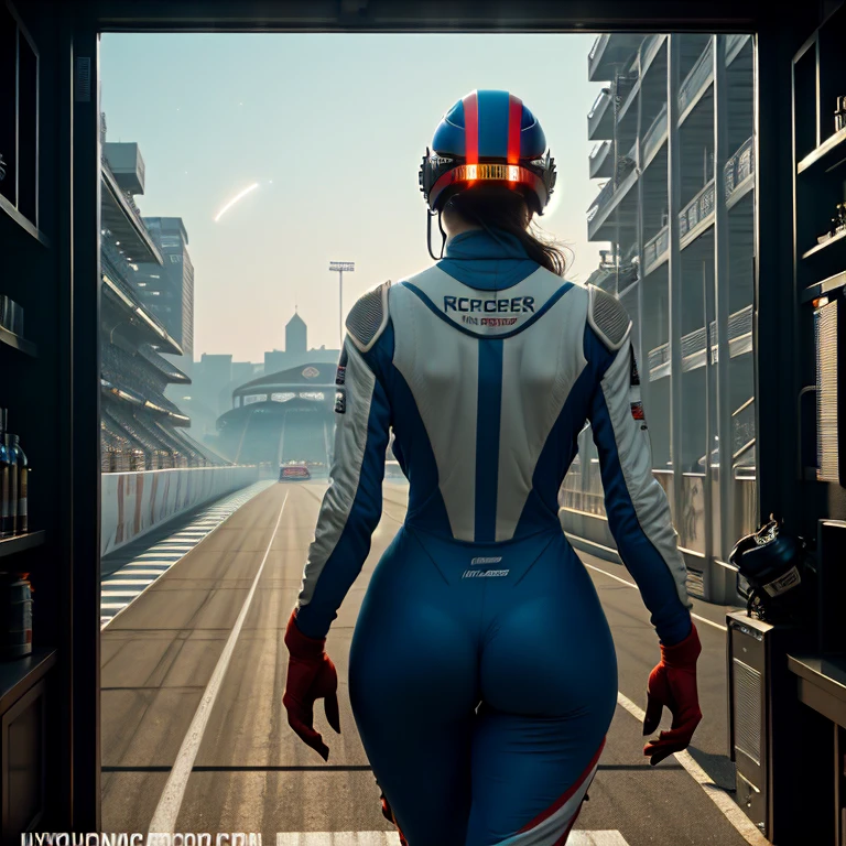 Masterpiece, highest quality, rear angle, Highly detailed photo of a (female race driver wearing red Ferrar race suit, helmet, with tinted face shield, HANS Device, accentuated booty), athletic body, big ass, [wide hips], (walking an watching all auidence on the race track) (race track:1.1), (race track), lush vibrant foliage, (one moon in the sky:0.8), (hyperdetailed, intricately detailed), background Spa turn The Raidillon, (sci-fi), during the day, (lens flare:0.5), (bloom:0.6), particle effects, (cinematic lighting:1.1), sharp shadows, ambient light, [bioluminescente], raytracing, photographed on a Fujifilm X-S10 Mirrorless Camera, 25mm F2.8 ultra-wide-angle lens, sharp focus, Cinestill 800T, still frame from Rush 2013, 8k, HDR, from behind