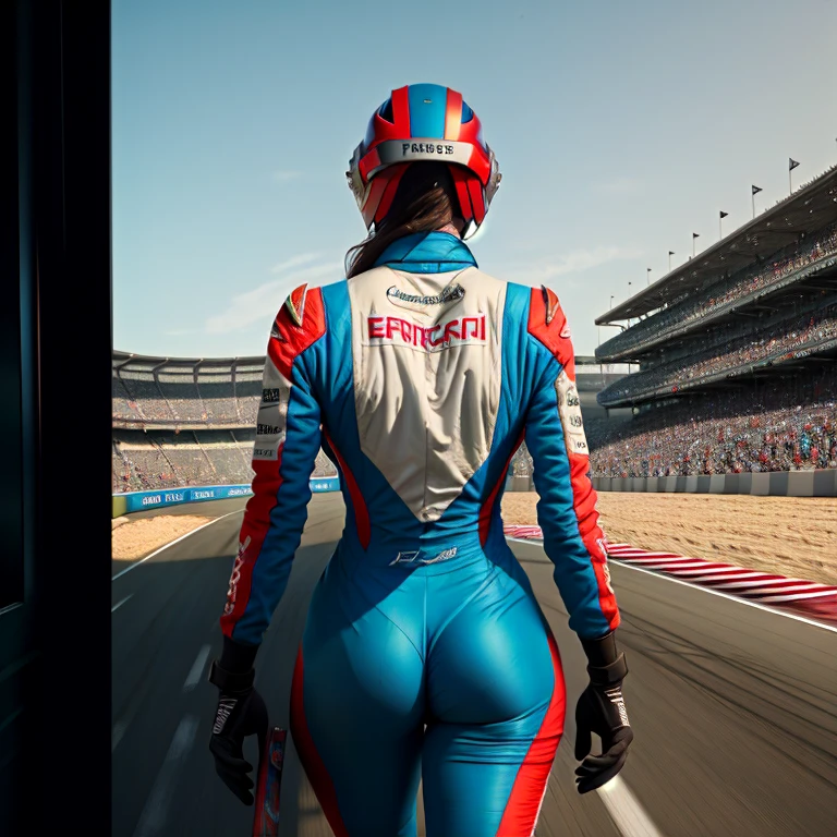 Make 10Masterpieces, highest quality, rear angle, Highly detailed photo of a (female race driver wearing red Ferrar race suit, helmet, with tinted face shield, HANS Device, accentuated booty), athletic body, big ass, [wide hips], (walking an watching all auidence on the race track) (race track:1.1), (race track), lush vibrant foliage, (one moon in the sky:0.8), (hyperdetailed, intricately detailed), background by Jessica Rossier, (sci-fi), during the day, (lens flare:0.5), (bloom:0.6), particle effects, (cinematic lighting:1.1), sharp shadows, ambient light, [bioluminescente], raytracing, photographed on a Fujifilm X-S10 Mirrorless Camera, 25mm F2.8 ultra-wide-angle lens, sharp focus, Cinestill 800T, still frame from Rush 2013, 8k, HDR, from behind
