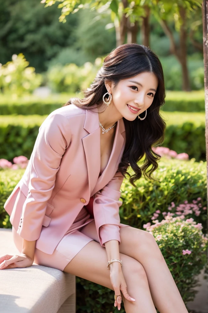 Wedding venue garden,President of import goods sales company,((full body)),((photo)),((best qualtiy, 8K, tmasterpiece:1.3)), Focus:1.2, perfect figure beautiful woman:1.4,1woman,cowboy shot,look at viewer,incredibly absurd, beautiful and cute woman with a photorealistic face, showcasing top-quality craftsmanship, A Japanese woman attending her sister's wedding at a wedding venue, 35 years old, long hair, straight black hair, shiny, silky hair that curls inwards, narrow double eyelids, long eyelashes, pronounced eyebrows, high nose, thin lips, white teeth, bright smile, smooth, honey-colored skin, thin neck, tall, glamorous, slender, F-cup breasts, pale pink suit, knee-length pencil skirt, high heels, diamond earrings and necklace, luxury brand watch, clutch bag, cigar, beautiful, lady-like, pretty older sister, celebrity-like, adult woman, intelligent, calm, kind, playful, sharp-tongued, soothing to those around, refined, elegant, June