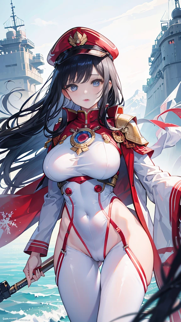 1womanl，33yo，MILF，mature，extremely large bosom，Big breasts Thin waist，long leges，Raised sexy，Pornographic exposure， solo，Beauty contests，standing on your feet（Background with：the sea，snow mountains，warships，at winter season，Blizzarding，Big snowflakes）On warships， She has long black hair，Long hair flutters in the wind，Redlip，dynamicposes，Sweat profusely，drenched all over the body，seen from the front， hair straight， mostly cloudy sky，（（（tmasterpiece），（Very detailed CG unity 8K wallpaper），best qualtiy，cinmatic lighting，detailed back ground，beatiful detailed eyes，Bright pupils，（Very fine and beautiful），（Beautiful and detailed eye description），blue eyes，Redlip，ultra - detailed，tmasterpiece，）），facing at camera，（The upper part of the body），A high resolution，ultra - detailed），revealing breasts，Bare genitals，  Bulge，legs are open，sexyposture，Camel toes，Flushed complexion，Open-mouthed，frontage，Japanese officer，Officer's cap，（Wearing：White cloak，Down jacket White officer transparent uniform，Sexy leggings，Bare breasts，Bare genitals，Armour，Gold wire embroidery，Snowflake decoration，Iron Man uniform，Sci-fi futuristic style）