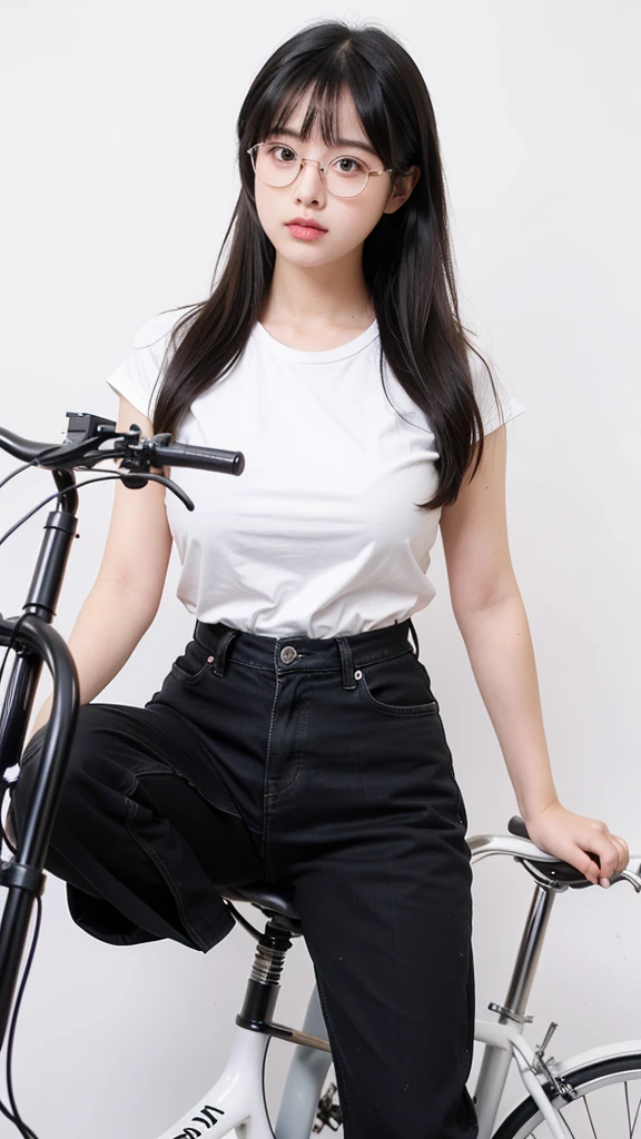 1 Girl, moyou, Bangs hairstyle, face, White Background, 笑face, Big Breasts, Thick-rimmed glasses. (detailed black rim glasses). 20-years-old beautiful female. Stand right next to the bike. Put the hand on the bicycle handle. thick pants, shoes, both hands