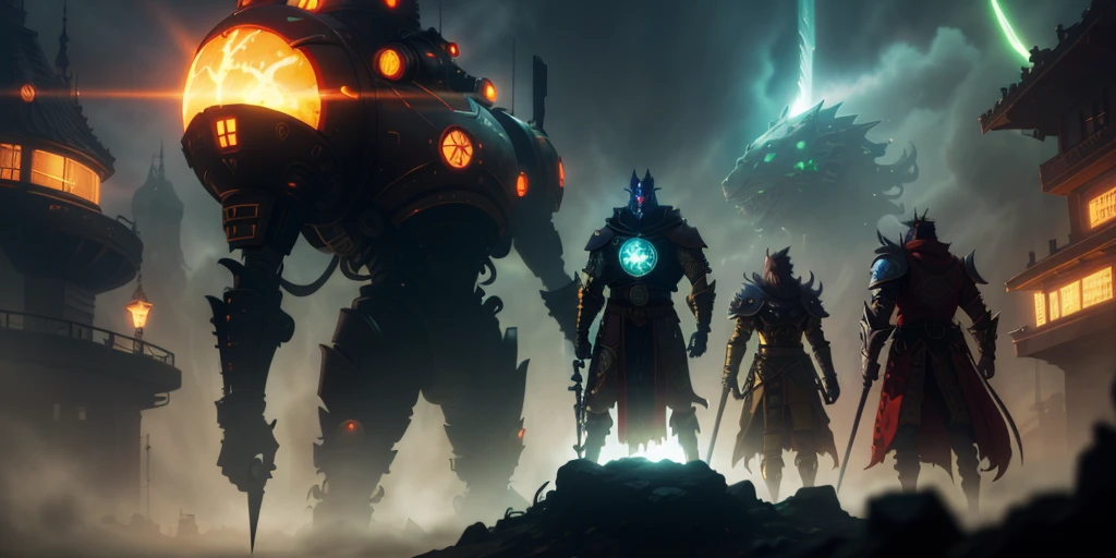 Ancient anime style, artbook, comicbook, RPG, futuristic medieval. Warrior in dragon rat armor, with human face with glowing magic tattoos, red neon details, with technological medieval armor with glowing magic marks, full body, sword with long handle with glowing magic marks. Epic scene, wide and deep scenery, with several depth planes, stylish and dynamic pose. In the middle of a retro atompunk magical metropolis, mixing technology and vegetation, buildings with neon details and glowing magical vegetation, technological magical airships with glowing details in the sky.