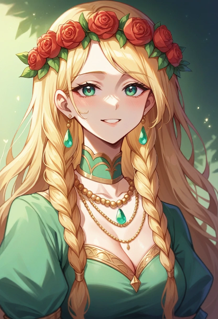A beautiful woman smiled gently with long blonde braided hair wearing a flower crown decorated with red flowers, orange, and green. She wore a historical red dress with intricate gold embellishments and layered pearl necklaces. The background is a soft focus field with a warm golden glow, giving an ethereal and timeless feel to the scene.