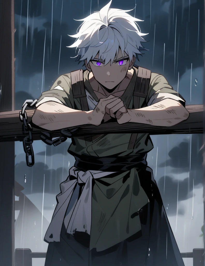 Greek boy with white hair, with violet eyes, wearing dirty and slightly torn country clothes, chained by his hands to a wooden post, on a rainy night with storm and lightning
