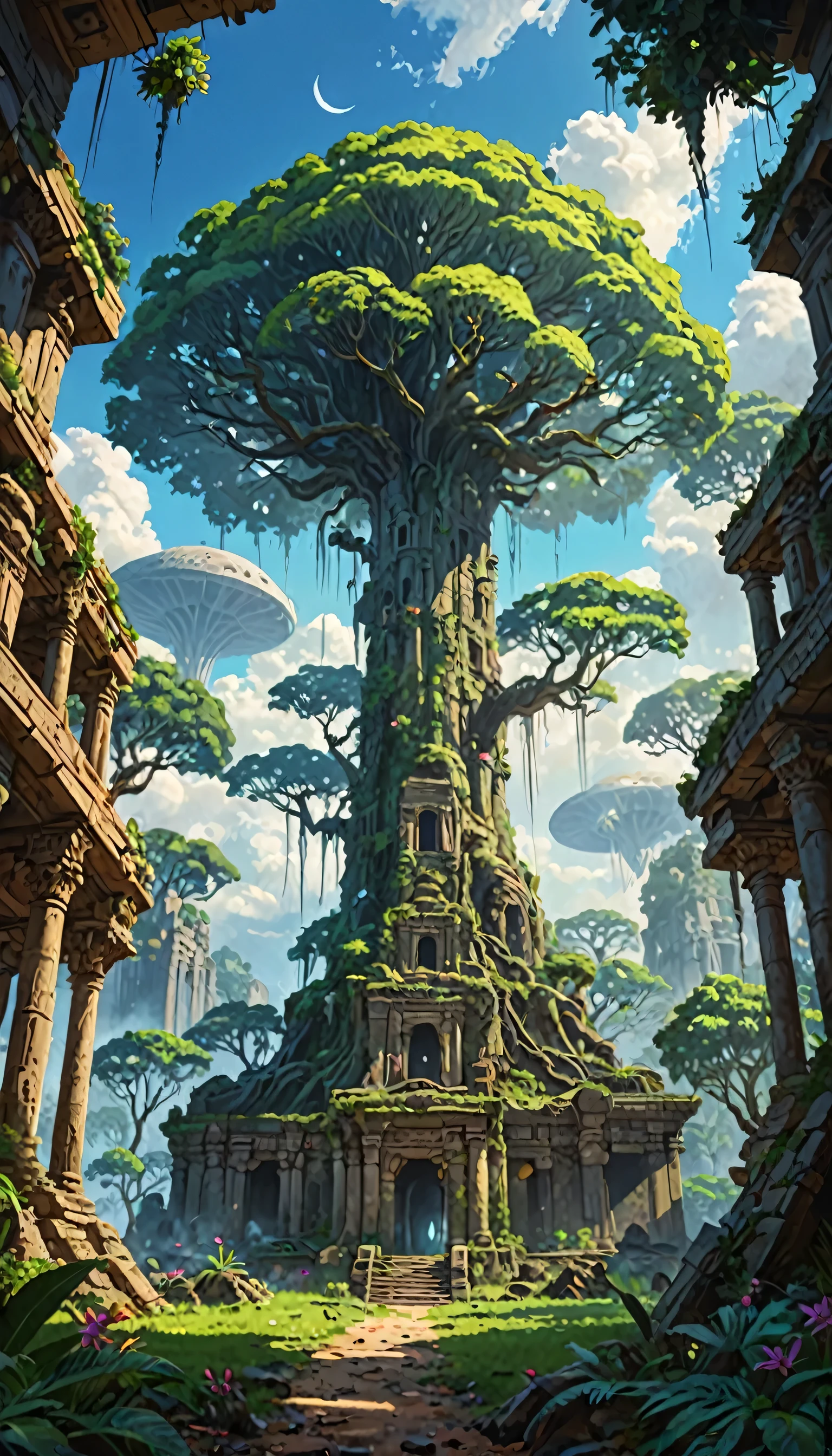 Concept Art,(masterpiece:0.3) Detailed,Bright natural light,Shadow,High Contrast,Alien tropical forest,Two big moons in the sky,Ruins of an ancient civilization,look (A mythical alien plantation not found on Earth. Neon lights of plants like flower.) Tree from the ground々and plants、flower々,View from below,Atmospheric dreamscape painting,dream scenery art,Highly Detailed Fantastic Art,CGI style,Vivid oil painting,Splash Art,A heartwarming mystery,masterpiece 8k wallpapper,Tumor formation,Unreal Engine,Dramatic lighting,Overgrown,ink stain,Ink splash,Ink flows,Ink blotches,Faded ink,ral-dissolve,left,Sand 1,On parchment,