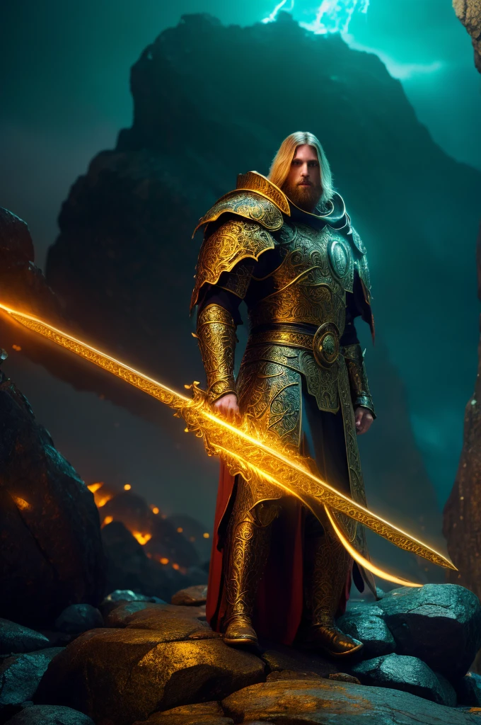 a huge imposing imperial paladin-battle mage hybrid,detailed intricate golden armor,flowing robes,powerful aura,wielding a massive glowing greatsword,radiant energy emanating,intense determination in eyes,standing atop a rocky outcrop,dramatic lighting,epic fantasy landscape,glowing runes,chiaroscuro lighting,moody dramatic atmosphere,highly detailed,cinematic composition,hyper realistic,vibrant colors,8k,masterpiece